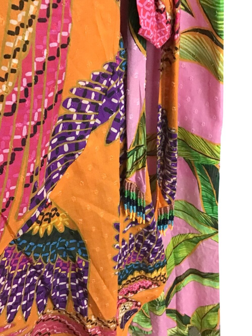 FARM RIO Mixed Prints Beaded Macaw Pink Foliage Midi Wrap Dress - Picture 5 of 15